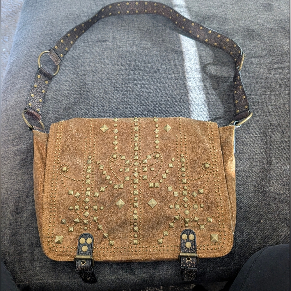 Vintage Betsey Johnson Studded Leather Brown Crossbody Bag Rare